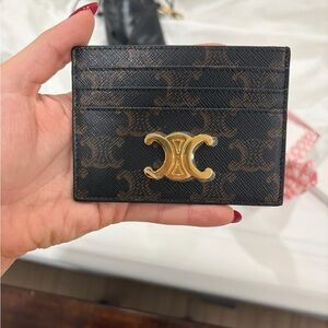 Celine Black and Brown Card Holder with Gold Logo